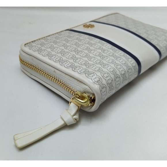 Tory Burch Gemini Ivory Gray Coated Canvas Link Stripe Zip Around Wallet - Picture 8 of 16